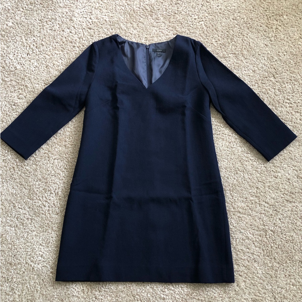 J. Crew wool sheath dress, navy, size 8, V-neck, 100% wool, length 32.5”.